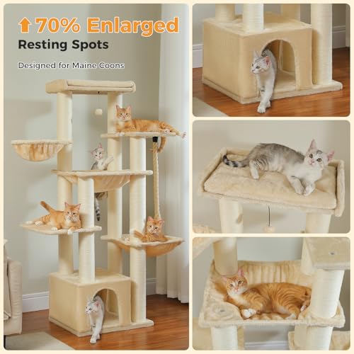 New Large Cat Tree 67" Tall Tower with 13 Sisal Posts | Beige, 67"
