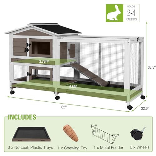 New MEDEHOO Rabbit Hutch 2-Story with Chew-Proof Ramp & 6 Wheels | 62" & Brown