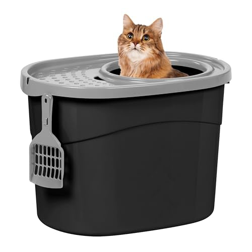 New IRIS USA Cat Litter Box, Large Top Entry with Litter Catching Lid and Scoop | Black/Gray, Large