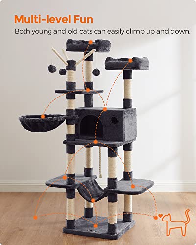 New FEANDREA Large Cat Tower Activity Center with Hammock Basket & Condo | Smoky Gray, 64.6"