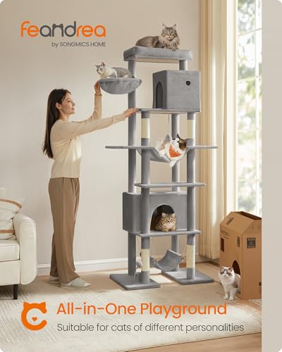 New Feandrea Tall Multi-Level Cat Tower with 4 Posts 2 Hammocks 2 Caves & Perch | Light Gray, 79.1"