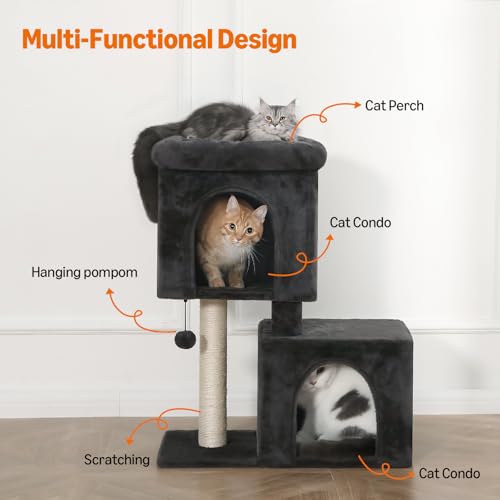 New Amazon Basics 30" Cat Tree Tower with 2 Condos & Pompom | Gray, 30"