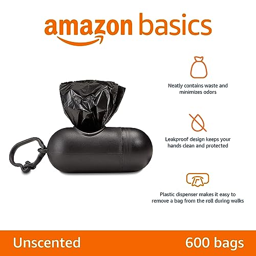 New Amazon Basics Dog Poop Bags with Dispenser | Unscented,  600 Count + Leash Clip