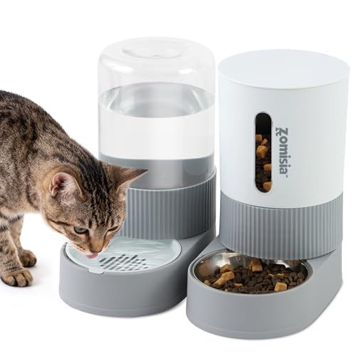 New ZOMISIA Gravity Cat Feeder and Water Dispenser | 2.4L food + 2.6L water, Stainless steel bowl