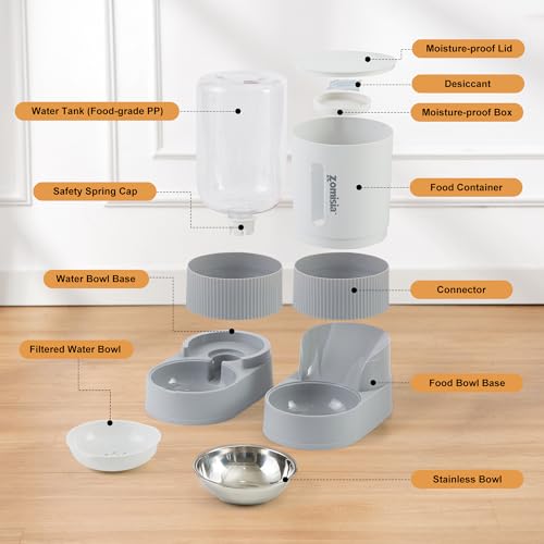 New ZOMISIA Gravity Cat Feeder and Water Dispenser | 2.4L food + 2.6L water, Stainless steel bowl