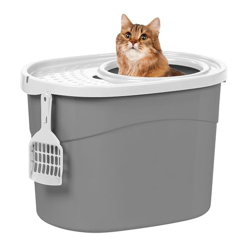 New IRIS USA Top Entry Cat Litter Box | Gray/White, Large