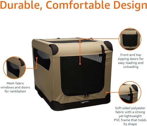 New Amazon Basics 2-Door Portable Soft-Sided Folding Crate Kennel | Tan & Medium (30"×21"×21")