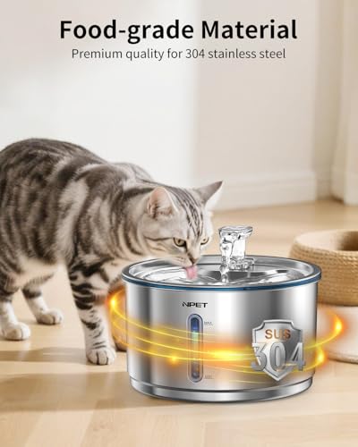 New NPET Stainless Steel Cat Water Fountain WF210Plus | 1 gallon/135oz, Stainless steel
