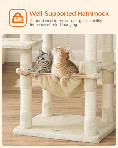 New Feandrea Multi-Level Cat Tower with 11 Posts 2 Perches Cave & Hammock | Beige, 56.3"