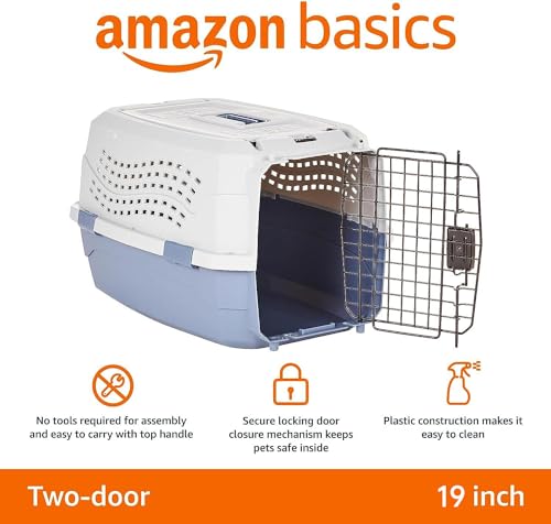 New Amazon Basics 2-Door Top-Load Hard-Sided Pet Travel Carrier | Gray/Blue & 19"×12.6"×10"