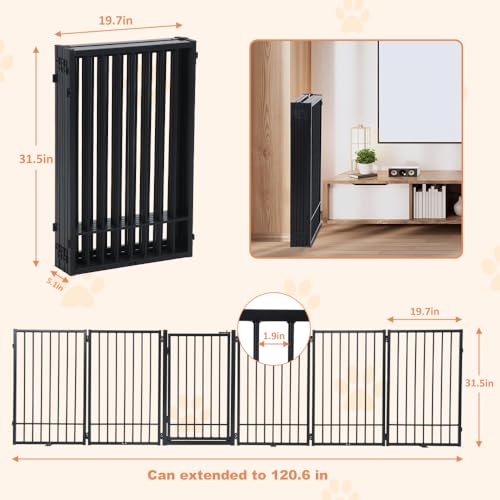 New SMONTER Free Standing Dog Gate with Walk-Through Door | 120 in W × 31.5 in H (6 Panels), Black Metal