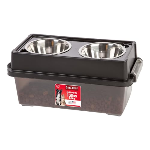 New IRIS USA Elevated Dog Bowls with Storage | Smoke/Black, 9" H (13 lb)