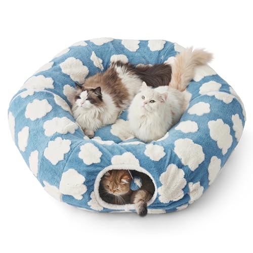 New Lesure Large Cat Tunnel Bed (Peekaboo) | Cozy Clouds Blue & Large