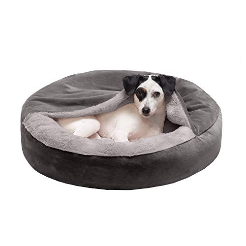 New Furhaven Calming Donut Hooded Bed (Plush Velvet Waves) | Dark Gray & 24" (Small)