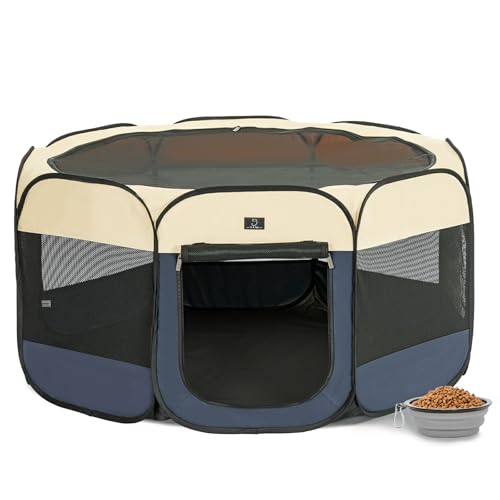 New A 4 Pet Portable Dog Playpen with Bowl | 19”W × 12”H, Navy Blue