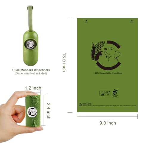 New Certified Compostable Dog Poop Bags | Forest Green, Unscented, 270 Count (18 Rolls x 15)