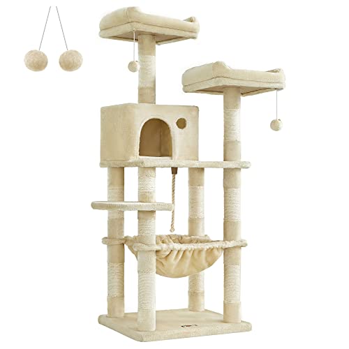 New Feandrea Multi-Level Cat Tower with 11 Posts 2 Perches Cave & Hammock | Beige, 56.3"