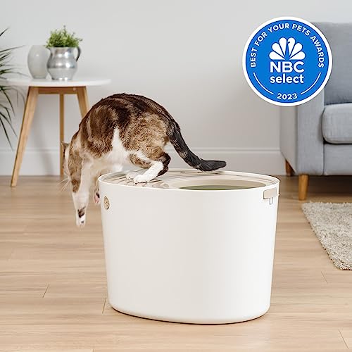 New IRIS USA Top Entry Cat Litter Box with Scoop | Beige/White