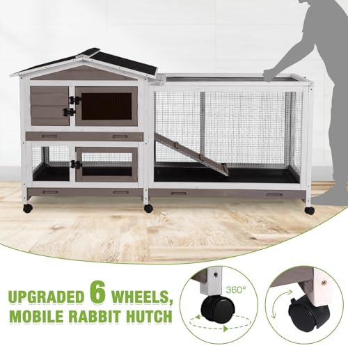 New MEDEHOO Rabbit Hutch 2-Story with Chew-Proof Ramp & 6 Wheels | 62" & Brown