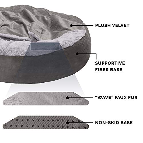 New Furhaven Calming Donut Hooded Bed (Plush Velvet Waves) | Dark Gray & 24" (Small)