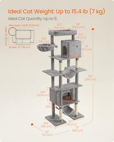 New Feandrea Tall Multi-Level Cat Tower with 4 Posts 2 Hammocks 2 Caves & Perch | Light Gray, 79.1"