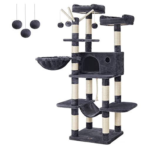 New FEANDREA Large Cat Tower Activity Center with Hammock Basket & Condo | Smoky Gray, 64.6"