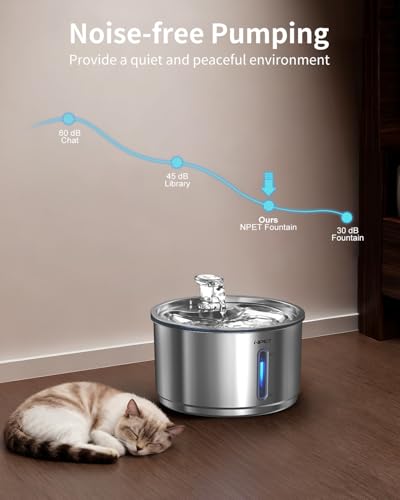 New NPET Stainless Steel Cat Water Fountain WF210Plus | 1 gallon/135oz, Stainless steel