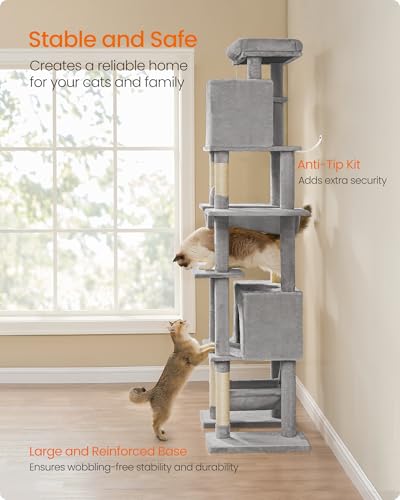 New Feandrea Tall Multi-Level Cat Tower with 4 Posts 2 Hammocks 2 Caves & Perch | Light Gray, 79.1"