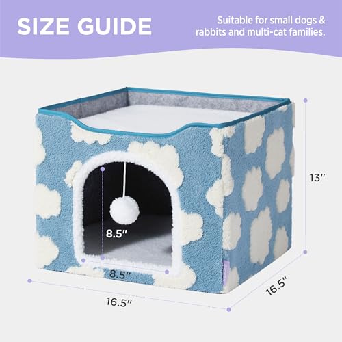 New Lesure Indoor Cat Bed Cube w/ Hanging Ball | Cozy Clouds Blue & 17"