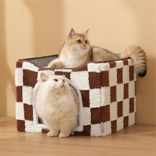 New Lesure Indoor Cat Bed Cube w/ Hanging Ball | Brown Checks & 16.5"×16.5"×13"
