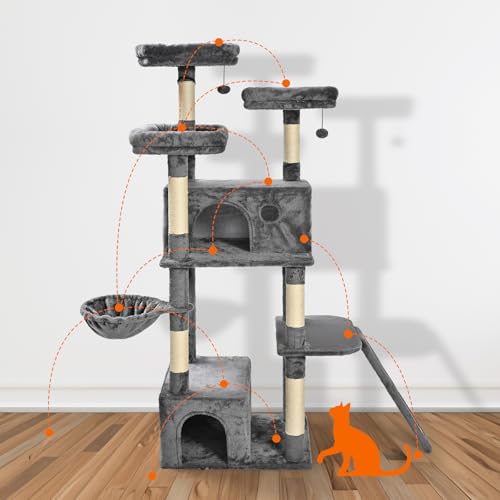 New Amazon Basics Large Cat Tree Tower with 2 Condos & Multiple Sisal Posts | Gray, 68"