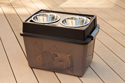 New IRIS USA Elevated Dog Bowls with Airtight Storage | Smoke/Black, 15" H