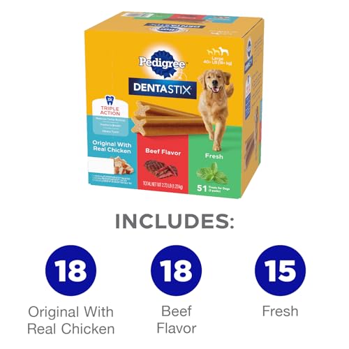 New Pedigree Dentastix Large Breed Dog Treats Variety Pack | Original, Beef & Fresh • 2.73 lb (51 treats)