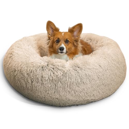 New Best Friends by Sheri Original Calming Donut Dog and Cat Bed | Taupe Shag, 30in x 30in