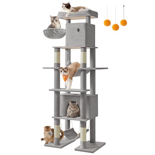 New Feandrea Tall Multi-Level Cat Tower with 4 Posts 2 Hammocks 2 Caves & Perch | Light Gray, 79.1"