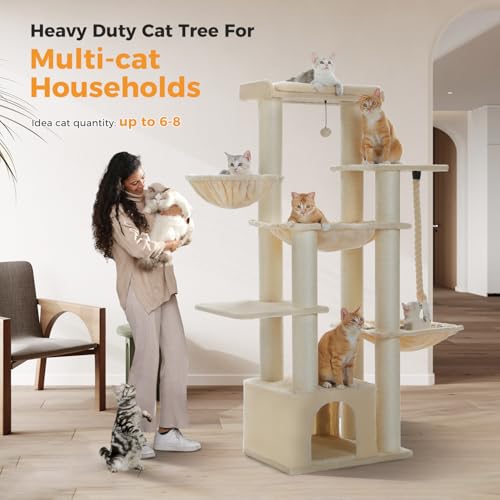 New Large Cat Tree 67" Tall Tower with 13 Sisal Posts | Beige, 67"