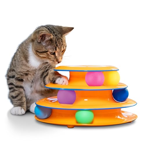 New Catstages Tower of Tracks 3-Level Cat Track Toy with 6 Balls | Orange