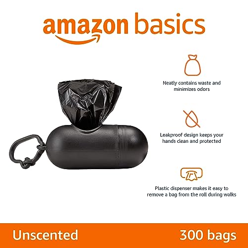 New Amazon Basics Dog Poop Bags with Dispenser | Unscented,  300 Count + Leash Clip