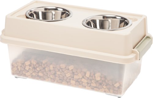 New IRIS Elevated Feeder with Airtight Storage | Almond/Clear, 19.57"L x 10.31"W x 8.97"H