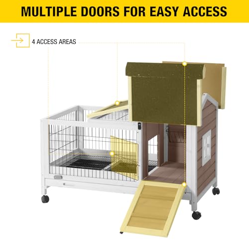 New Aivituvin Rabbit Hutch Indoor/Outdoor with Wire Floor Leakproof Tray | Brown - AIR24-B