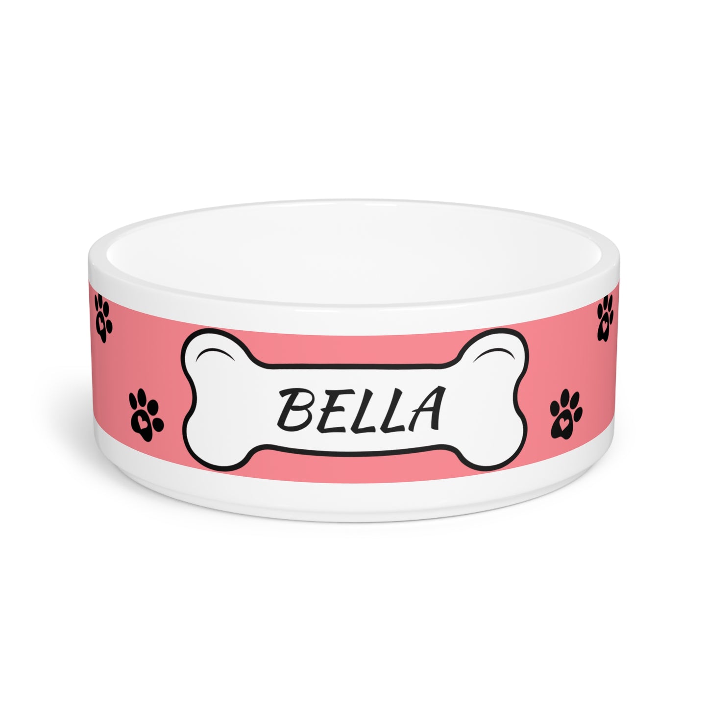 Personalized Pet Bowl — Pink Paw Print Dog Bowl with Bone Nameplate (Custom Name)