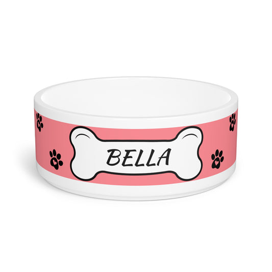 Personalized Pet Bowl — Pink Paw Print Dog Bowl with Bone Nameplate (Custom Name)