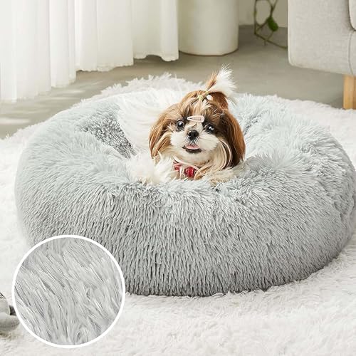 New Calming Dog Bed & Cat Bed, Anti-Anxiety Donut Dog Cuddler Bed | Shag Frost, 20.0"L x 20.0"W x 8.0"Th