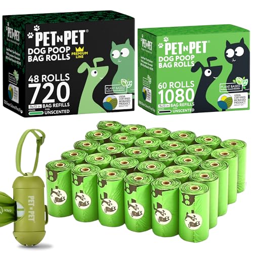 New PET N PET Poop Bags Refill Rolls | 9" x 13", 1080 Count (60 Rolls) + 720 Count, with Holder