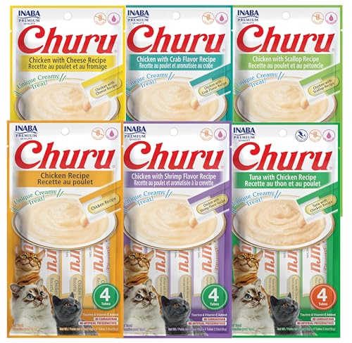 New INABA Churu Cat Treats Creamy Purée | 24 tubes (0.5 oz each), Six Flavor Variety Pack