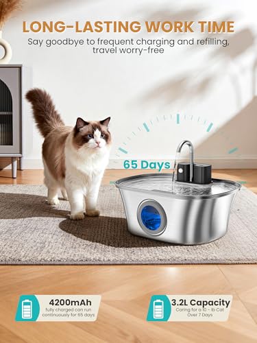 New Cat Water Fountain Wireless Stainless Steel | 108oz/3.2L, Stainless steel