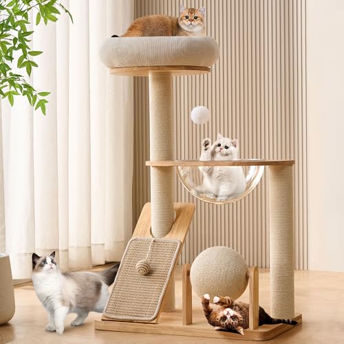 New HITTITE Solid Wood Cat Tree Tower with Scratcher Board & Ball | 37.8"