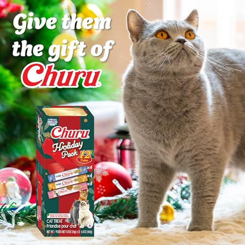 New INABA Churu Cat Treats Creamy Purée | 12 tubes (0.5 oz each), Churu Spoon Holiday Variety Pack