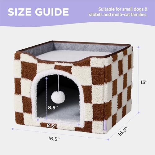 New Lesure Indoor Cat Bed Cube w/ Hanging Ball | Brown Checks & 16.5"×16.5"×13"