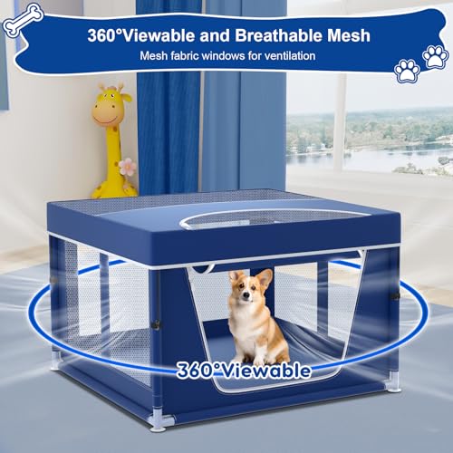 New Generic Puppy Playpen with Top Cover | 42 × 42 × 26 in, Blue Nylon Mesh